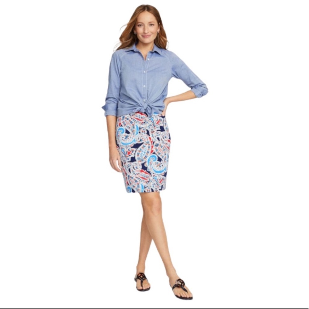 J. McLaughlin Halle Folklore Lane Skirt – Navy Coral Blue, Stretch Medium